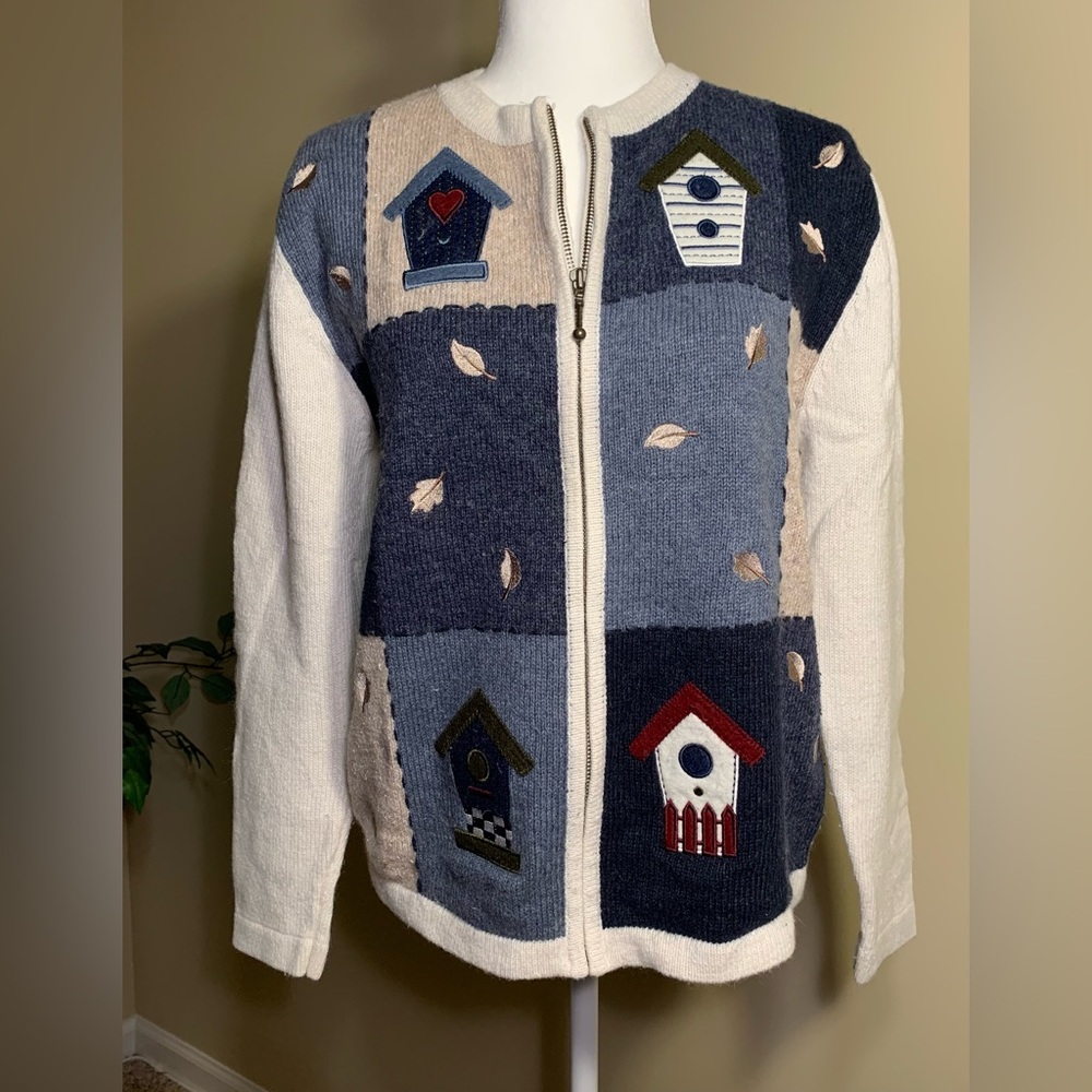 EUC Sweater: Zip-Up Cardigan, Bird Houses & Leaves, Patchwork, Vintage